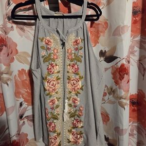 Floral Embroidered Striped Tank Top